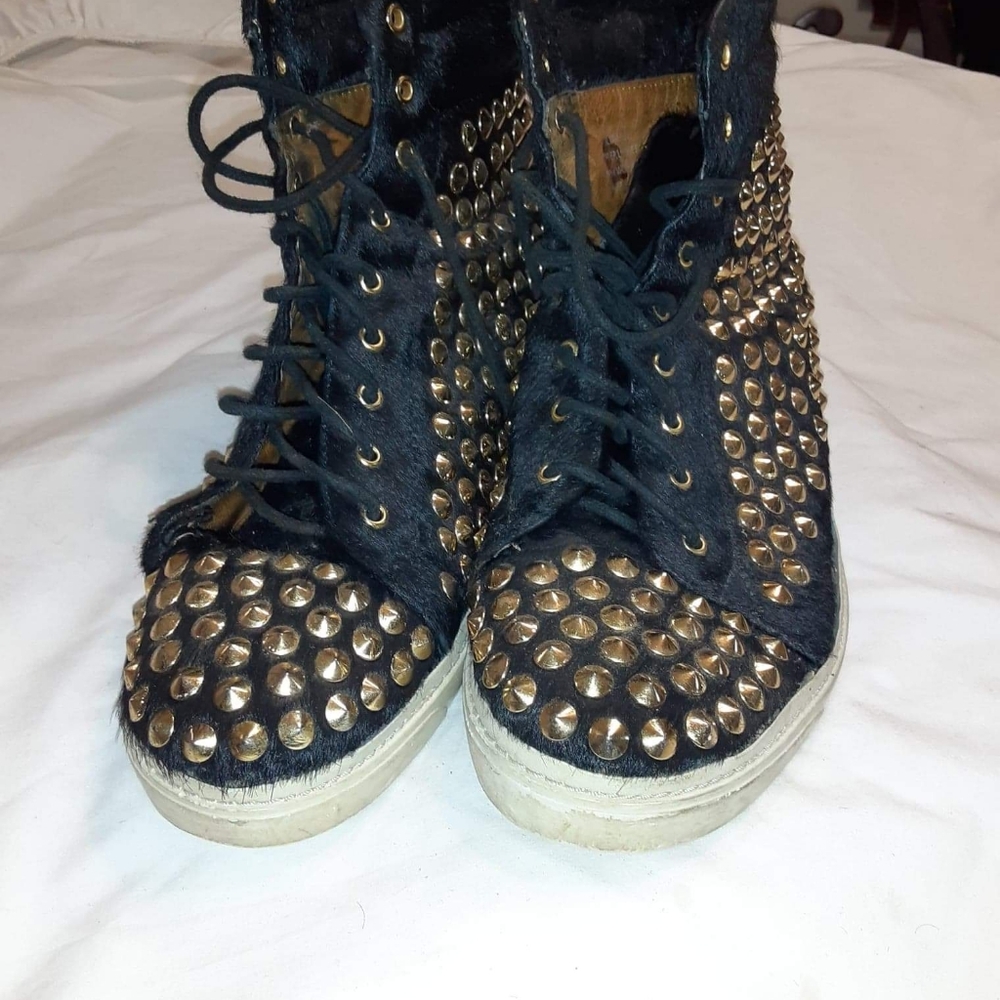 Black Pony Hair with Gold Spikes Sneakers